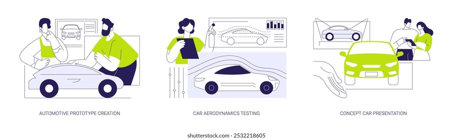 Conjunto de Ilustración vectorial de concepto abstracto de prototipo de vehículo. Creación de prototipos automotrices, pruebas de aerodinámica de automóviles, demostración de presentación de automóviles conceptuales, metáfora abstracta de la industria automotriz.