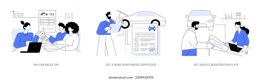 Conjunto de ilustraciones vectoriales abstractas de registro de vehículos. Paga el impuesto sobre la venta de coches, recibe un certificado de inspección, matrícula de vehículos, firma de documentos de tráfico de carretera metáfora abstracta.