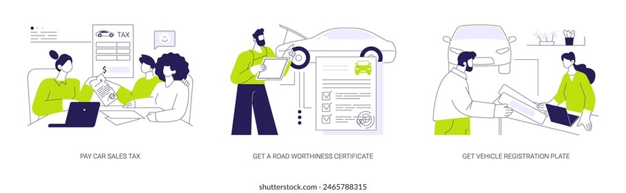 Conjunto de Ilustración vectorial de concepto abstracto de registro de vehículos. Pagar el impuesto de ventas de automóviles, obtener un certificado de inspección técnica, placa de matrícula de vehículos, firmar documentos de tráfico de carretera metáfora abstracta.