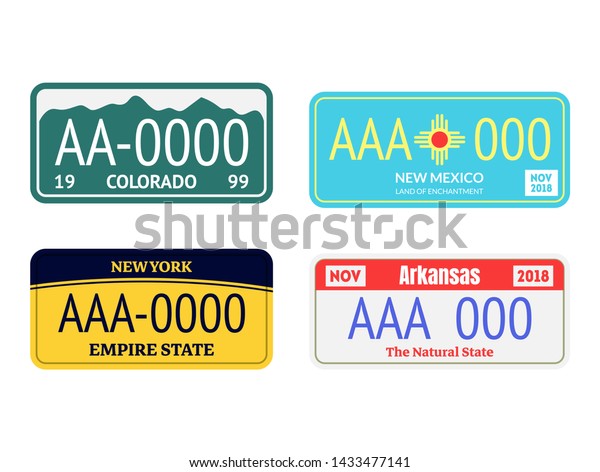 Vehicle Registration Number Plates Set Include of\
Arkansas and Colorado. Vector illustration of Transportation\
Information Signs