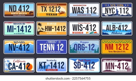 Vehicle registration numbers in the USA. Abstract beautiful license plates for different states of America. Vector illustration