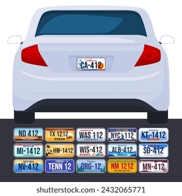 Vehicle registration numbers in the USA. The back of the car. Abstract beautiful license plates for different states of America. Vector illustration