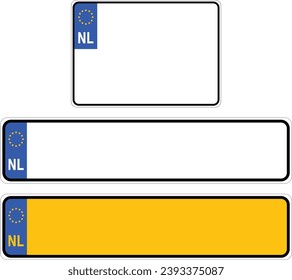 Vehicle registration plates of NETHERLANDS. EU country identifier. Vector illustration.