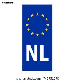 Vehicle registration plates of Netherlands. EU country identifier. blue band on license plates