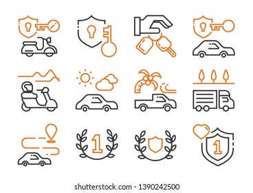vehicle rent business icon set with motorbike,car,van,truck with travel scene