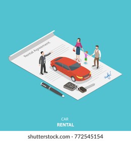 Vehicle rental flat isometric vector concept. Rental agent is describing the car rental condition to the young family standing on the rental agreement.