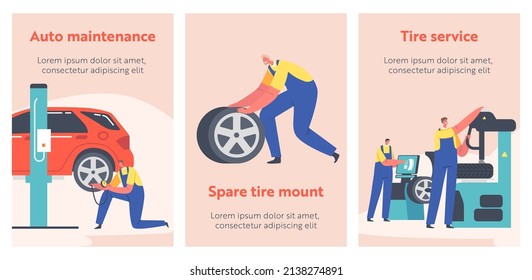 Vehicle Repair Banners. Workers Change Tires at Garage. Male Characters Wear Uniform Mount Tyres on Car Stand on Lift at Mechanic Workshop, Maintenance or Fixing Service. Cartoon People Vector Posters