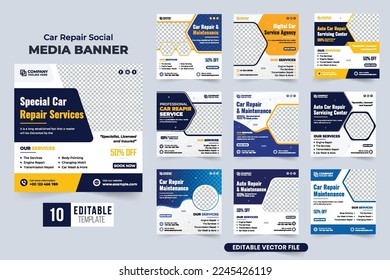 Vehicle repair and cleaning service promotional poster collection with photo placeholders. Car maintenance social media post bundle with yellow and blue colors. Automobile repair service template set.