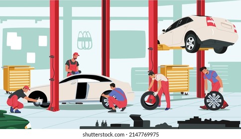 Vehicle Repair, Maintenance and Fixing Service. Workers Change Tires at Garage. Male Characters Wear Uniform Mount Tyres on Car Stand on Lift at Mechanic Workshop. Cartoon People Vector Illustration