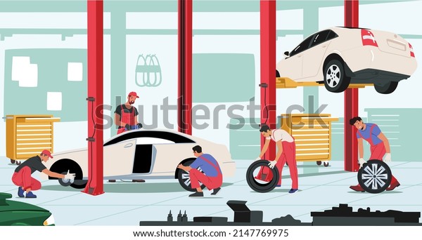 Vehicle Repair, Maintenance and Fixing\
Service. Workers Change Tires at Garage. Male Characters Wear\
Uniform Mount Tyres on Car Stand on Lift at Mechanic Workshop.\
Cartoon People Vector\
Illustration