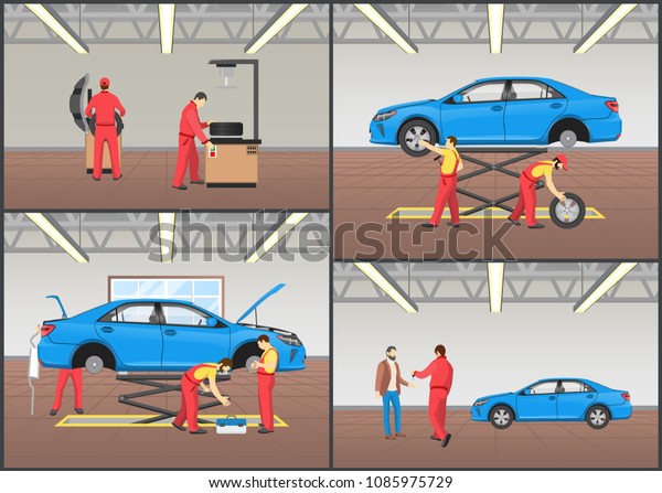 Vehicle repair service color vector illustration,\
cars on special lifts for automobile reviews and wheels fitting\
mechanism, customer receiving a\
key