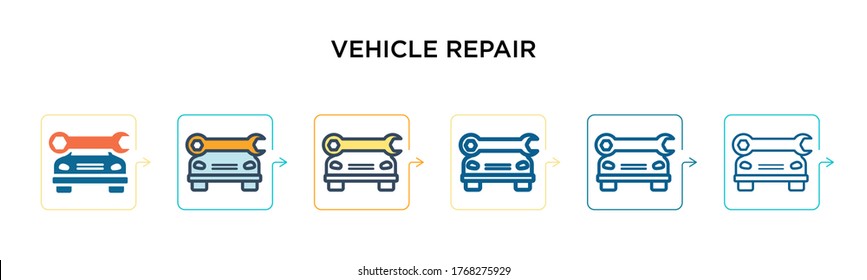 Vehicle repair vector icon in 6 different modern styles. Black, two colored vehicle repair icons designed in filled, outline, line and stroke style. Vector illustration can be used for web, mobile,