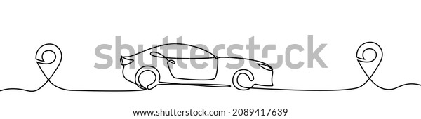 Vehicle road\
from location to location. Continuous one line drawing car path to\
location pin pointer. Reach the goal concept. Travel concept.\
Oneline car. Vector graphic. EPS\
10