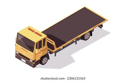 Vehicle roadside assistance concepts in 3d isometric design. Tow truck flatbed with a winch to move disabled, improperly parked, damaged cars. Yellow wrecker breakdown lorry. Vector illustration