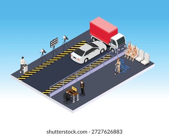 Simulación de prueba de choque de seguridad del vehículo con maniquíes y sensores Ilustración vectorial isométrica 3D