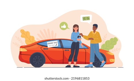 Concepto de venta de vehículos. Hombre y mujer cerca del coche rojo. Ofertas de vehículos. El vendedor y el comprador celebran el contrato. Lujo, riqueza y confort. Afiche o cartel para el sitio web. Dibujo vectorial plano de dibujos animados