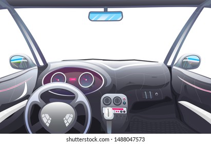 Vehicle salon, Driver view. Dashboard control in a smart car. Virtual control or auto piloted simulation. Autonomous Electric Automobile. Vector illustration.