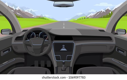 Vehicle salon  inside car driver view and rudder  dashboard   road  landscape in windshield  Driving simulator vector illustration  Car view steering   windshield