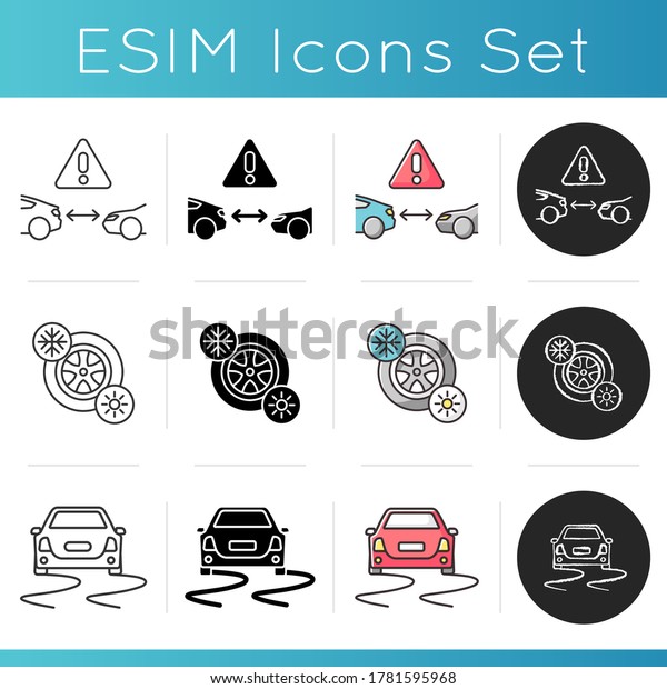 Vehicle\
security icons set. Car accident prevention, safe driving advice.\
Linear, black and RGB color. Cruise control, seasonal tyres and\
stability control. Isolated vector\
illustrations