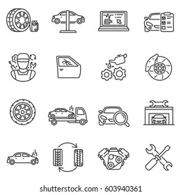 Vehicle service icons set. Automobile repair shop, thin line design. Car maintenance. Lines with editable stroke. isolated symbols collection