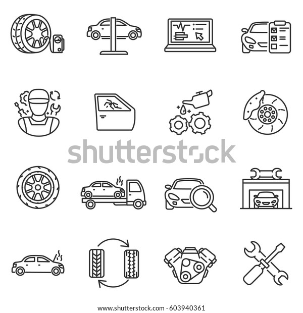 Vehicle service icons set. Automobile repair\
shop, thin line design. Car maintenance. Lines with editable\
stroke. isolated symbols\
collection
