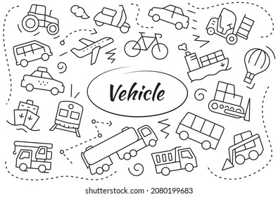 Vehicle set. Collection of transport. Vector linear illustration.