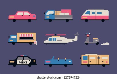 Vehicle set illustration. flat design vector graphic style.