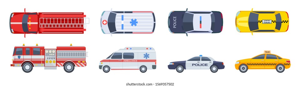 Vehicle set. Transport top view. Police car ambulance fire engine taxi vector flat isolated. Urban special transport icons