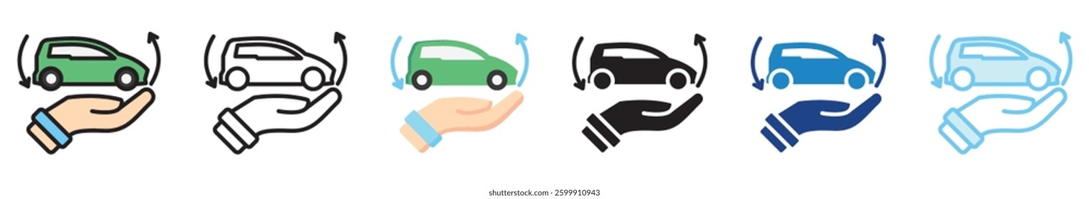 Vehicle Sharing multi style, mini illustration icon set. outline, flat, glyph, line color, UI, UX, app and web, digital or print. vector EPS 10 related to EV, electric car, transportation.