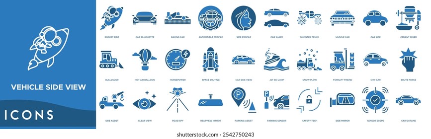 Vehicle Side View icon. Rocket Ride, Car Silhouette, Racing car, Automobile Profile and Side Profile