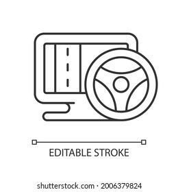 Lineares Symbol für die Fahrzeugsimulation. Spieler fühlen sich an, als ob sie verschiedene echte Automobile kontrollieren. Dünne, anpassbare Illustration. Contour-Symbol. Vektor-einzelne Rahmenzeichnung. Bearbeitbarer Hub