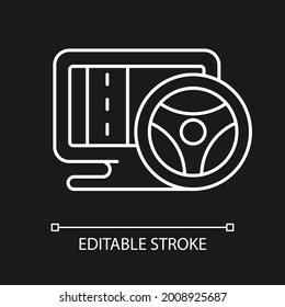 Vehicle simulation white linear icon for dark theme. Innovative car driving games. Thin line customizable illustration. Isolated vector contour symbol for night mode. Editable stroke