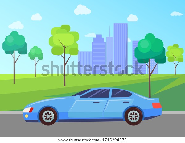 Vehicle and skyscrapers, car on road and\
cityscape, park meadow vector. City street, transport and urban\
architecture, trees and grass, highway or route. Automobile in\
city. Flat cartoon