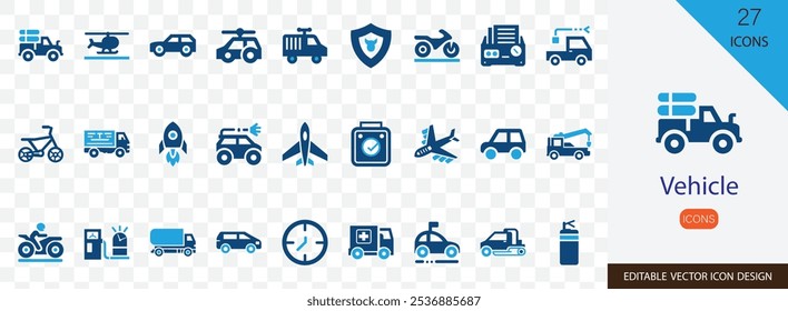 Vehicle solid icon set, containing motor bike, car, airplane, ship and more vector design