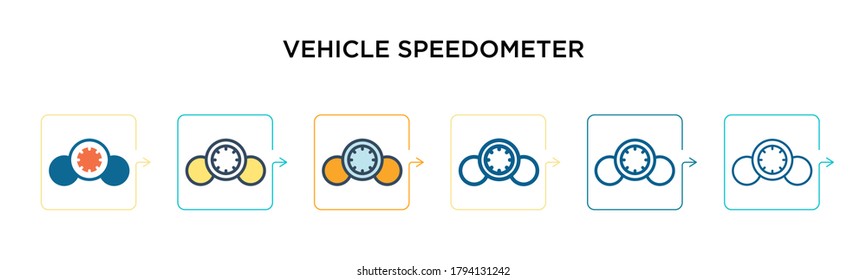 Vehicle speedometer vector icon in 6 different modern styles. Black, two colored vehicle speedometer icons designed in filled, outline, line and stroke style. Vector illustration can be used for web,