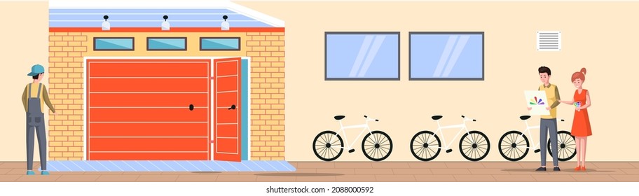 Vehicle storage space, room for transport in residential building. People looking at palette of colors for painting garage. Place for automobile parking, Storage space for bike inside modern house