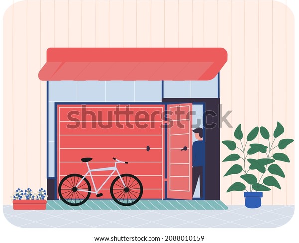 Vehicle storage space, room for transport in\
residential building. Man stands near garage with opening door and\
bicycle. Place for automobile parking, Storage space for bike\
inside modern house