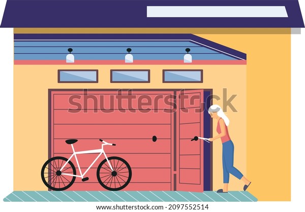 Vehicle storage space, room for transport in\
residential building. Woman stands near garage with opening door\
and bicycle. Place for automobile parking, Storage space for bike\
inside modern house