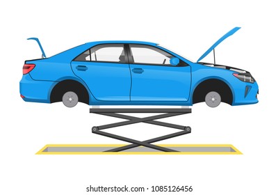 Vehicle suspended on special lift vector poster, illustration of automobile in auto workshop, car without wheels and open hood inspection process