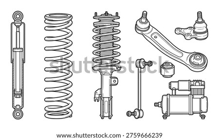 Vehicle suspension system components in black line style. Features strut assembly ball joint and stabilizer link.