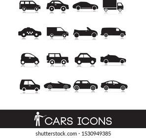 Vehicle symbols. Cars icons set in black. 