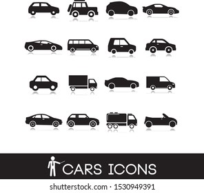 Vehicle symbols. Cars icons set in black. 