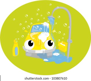 vehicle taking car wash shower. personalised automobile with eyes