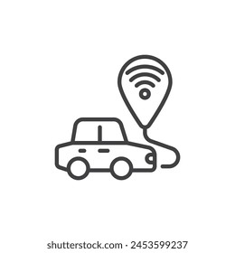 Vehicle Telematics Technology line icon. linear style sign for mobile concept and web design. Vehicle with map pin and wireless signal outline vector icon. Symbol, logo illustration. Vector graphics