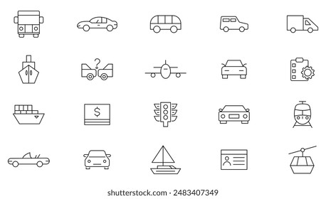 Vehicle thin line icons set. Industrial and transport linear icons collection. UI thin outline icons pack