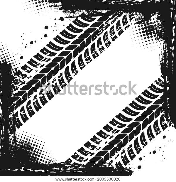Vehicle tire grungy treads, car dirty traces\
vector background. Off-road motorsport or rally race,\
transportation industry grungy background or frame with truck wheel\
rubber marks or protector\
traces