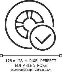 Vehicle tire safety pixel perfect linear icon. Wheel with checkmark. Transport quality control. Approved product. Thin line illustration. Contour symbol. Vector outline drawing. Editable stroke