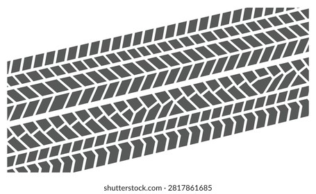 Vehicle tire tracks background showing various tire tread patterns running diagonally across white background.