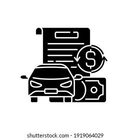 Vehicle title loan black glyph icon. Placing lien on car title. Borrowers outstanding debt repayment. Collateral car. Vehicle value. Silhouette symbol on white space. Vector isolated illustration