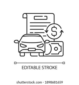 Vehicle title loan linear icon. Placing lien on car title. Borrowers outstanding debt repayment. Thin line customizable illustration. Contour symbol. Vector isolated outline drawing. Editable stroke